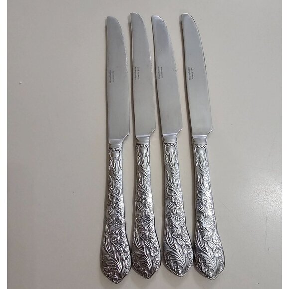 Reed Barton Flora Dinner Knives 10" set/4 stainless embossed flowers chintz - Picture 3 of 6